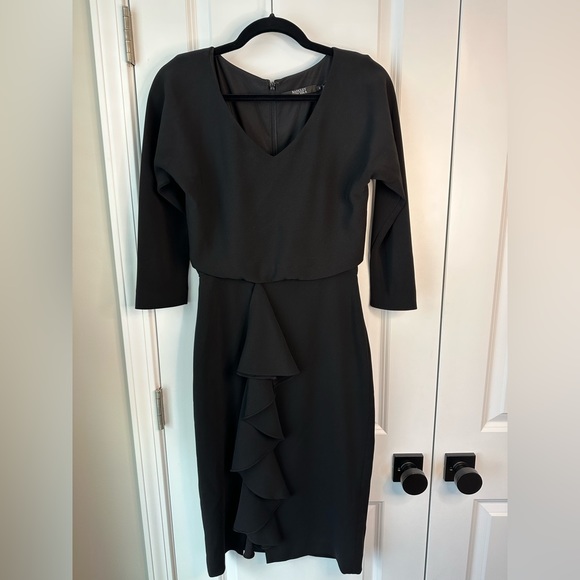 Badgley Mischka Black Dolman Sleeve Crepe Blouson Ruffle Knee Length Dress - Picture 2 of 7